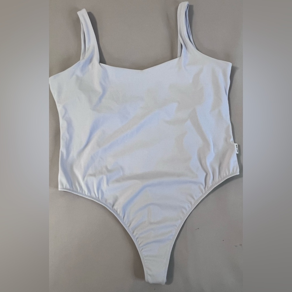 DKNY Jeans Frost Blu Sleeveless Squared Neck Nylon Thong back Bodysuit-NWT Large - Picture 3 of 10